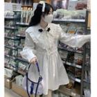 Long-sleeve Collar Frill Trim A-line Dress White - One Size