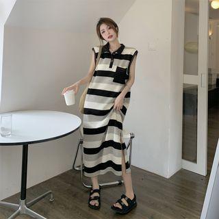 Striped Open-back Polo Midi Dress Stripe - Black - One Size