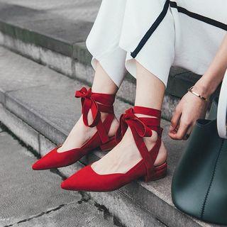 Genuine Suede Pointed-toe Block Heel Gladiator Sandals