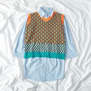 Long Sleeve Plain Shirt / V-neck Patterned Vest