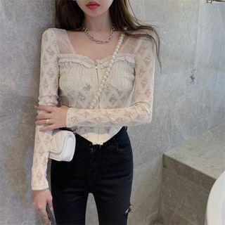 Long-sleeve Zip-up Lace Top Almond - One Size