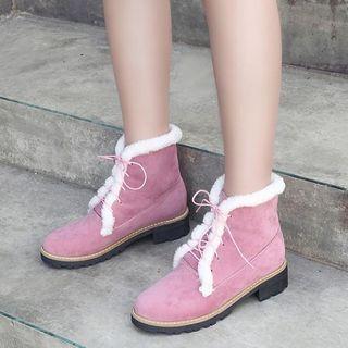 Furry Trim Chunky Heel Lace Up Short Boots