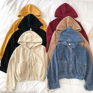 Plain Zipper Long-sleeve Corduroy Jacket