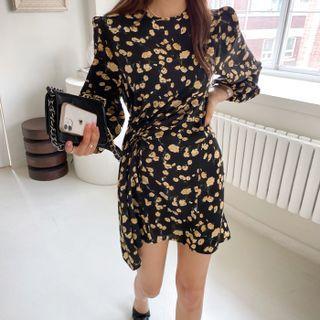 Puff-sleeve Drawstring Floral Minidress Black - One Size