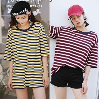 Short-sleeve Crewneck Striped Slim Long T-shirt