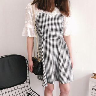 Short-sleeve Lace Panel A-line Plaid Dress