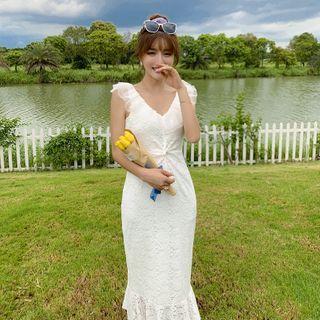 Ruffle-sleeve Midi A-line Lace Dress