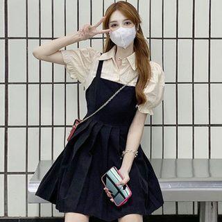 Mock Two-piece Puff-sleeve Pleated Mini Dress