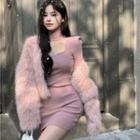 Long-sleeve Turtleneck Cutout Knit Mini Sheath Dress / Cropped Fluffy Jacket