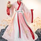 Chinese Hanfu Set Of 3: Embroidered Long-sleeve Coat + Embroidered Long-sleeve Top + Embroidered Semi-body Maxi Dress