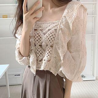 Crochet Panel Ruffle Trim Cropped Blouse Almond - One Size