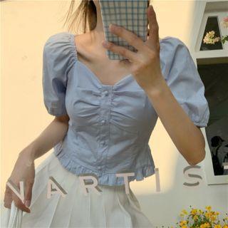 Square-neck Plain Ruffle Cropped Blouse