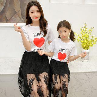 Family Set: Printed Short-sleeve T-shirt + Lace Midi Skirt