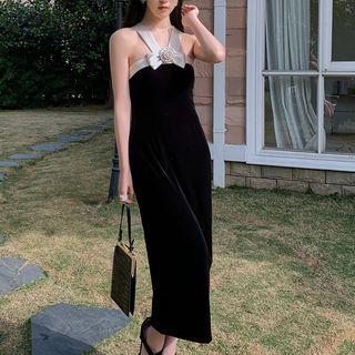 Halter Flower Detail Midi Sheath Dress