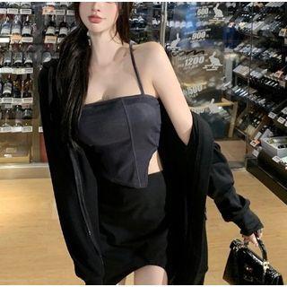 Zip Hoodie / Asymmetrical Camisole Top / Mini Skirt