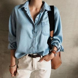 Snap-button Denim Shirt Blue - One Size