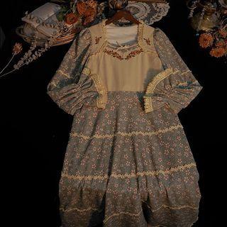 Long-sleeve Floral Embroidered Lace Trim Midi A-line Dress