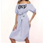 Off-shoulder Embroidery Striped Shirtdress