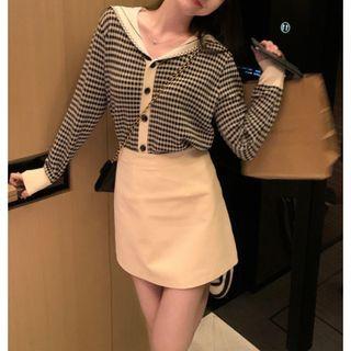 Sailor Collar Check Knit Cardigan Black & White Check - One Size