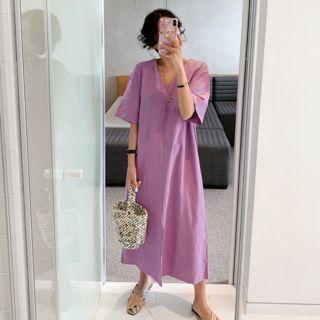 V-neck Loose-fit Linen Blend Dress