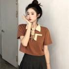 Polo-neck Two-tone Cropped Top Coffee - One Size