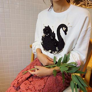 Faux-pearl Trim Swan Patterned Top