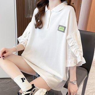 Elbow-sleeve Ruffled Polo Shirt