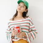 Off-shoulder Lettering Striped T-shirt White - One Size