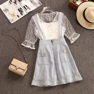 Set: Camisole + Dotted Short-sleeve Mesh Blouse + Denim Mini Suspender Skirt