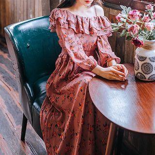 Floral Print Cold-shoulder 3/4-sleeve Maxi A-line Dress