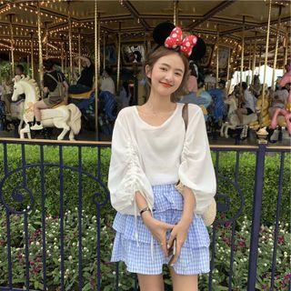 Puff-sleeve Blouse / Plaid Skirt