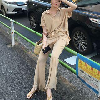 Plain Polo Shirt + Drawstring Split Hem Pants