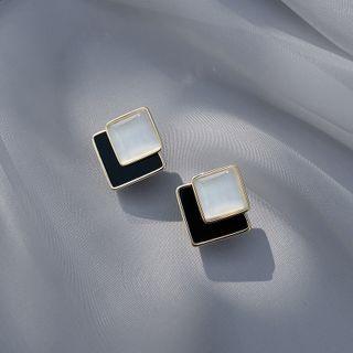 Two-tone Geometric Stud Earring 1 Pair - 925 Silver - Black & White - One Size