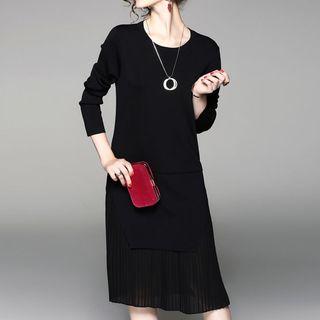 Plain Long-sleeve Pleated Dress