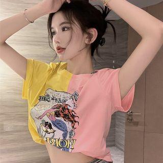 Crewneck Printed Cropped Top Pink - One Size
