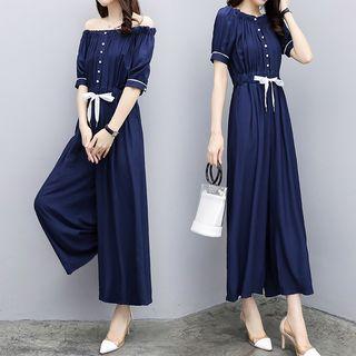 Off-shoulder Elbow-sleeve Wide-leg Jumpsuit