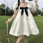 Puff-sleeve Bow Mini A-line Dress White - One Size