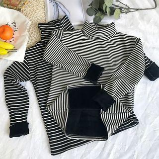 Fleece-lined Long-sleeve Mock Neck Striped T-shirt