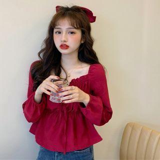 Square-neck Long-sleeve Drawstring Crop Top Red - One Size