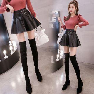 Buckled Faux Leather Mini A-line Skirt