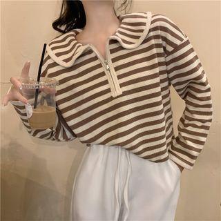 Collared Half-zip Striped Knit Top