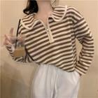 Collared Half-zip Striped Knit Top