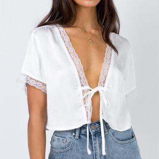 Short-sleeve Tie-front Lace Trim Top