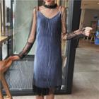 Long-sleeve See-through Lace Dress / Spaghetti Strap Velvet Dress