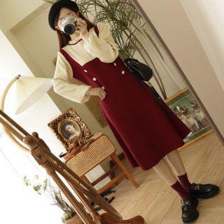 Puff-sleeve Paneled Midi Knit Dress