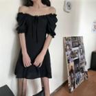 Elbow-sleeve Off-shoulder A-line Mini Dress Black - One Size