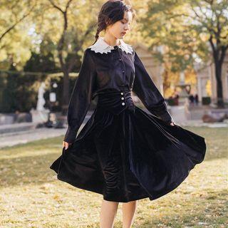 Set: Lace Collar Shirt + Midi A-line Skirt