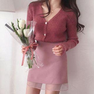 V-neck Knit Top /sheer Panel A-line Skirt
