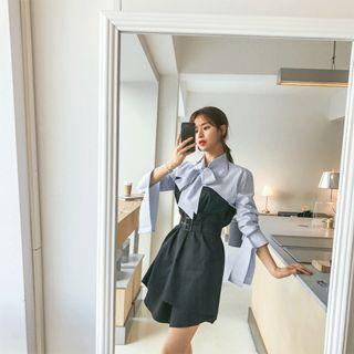 Inset Stripe Blouse Belted Wrap Dress
