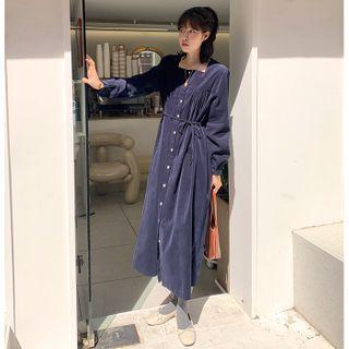 Square-neck Corduroy Long Dress With Sash
